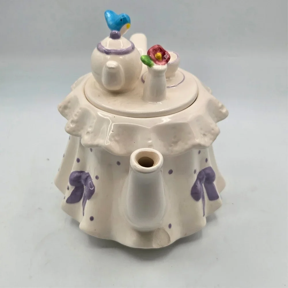 Teleflora Vintage Teapot, Tea Party White, Purple bows & Polkas Dots, Blue Bird